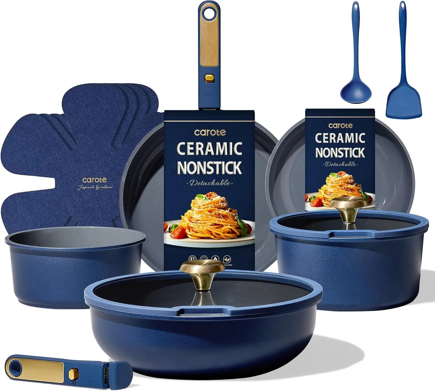 

Blue Gold Ceramic Cookware Set 15 Piece Non Toxic PFAS Free Removable Handle Dishwasher Safe Induction