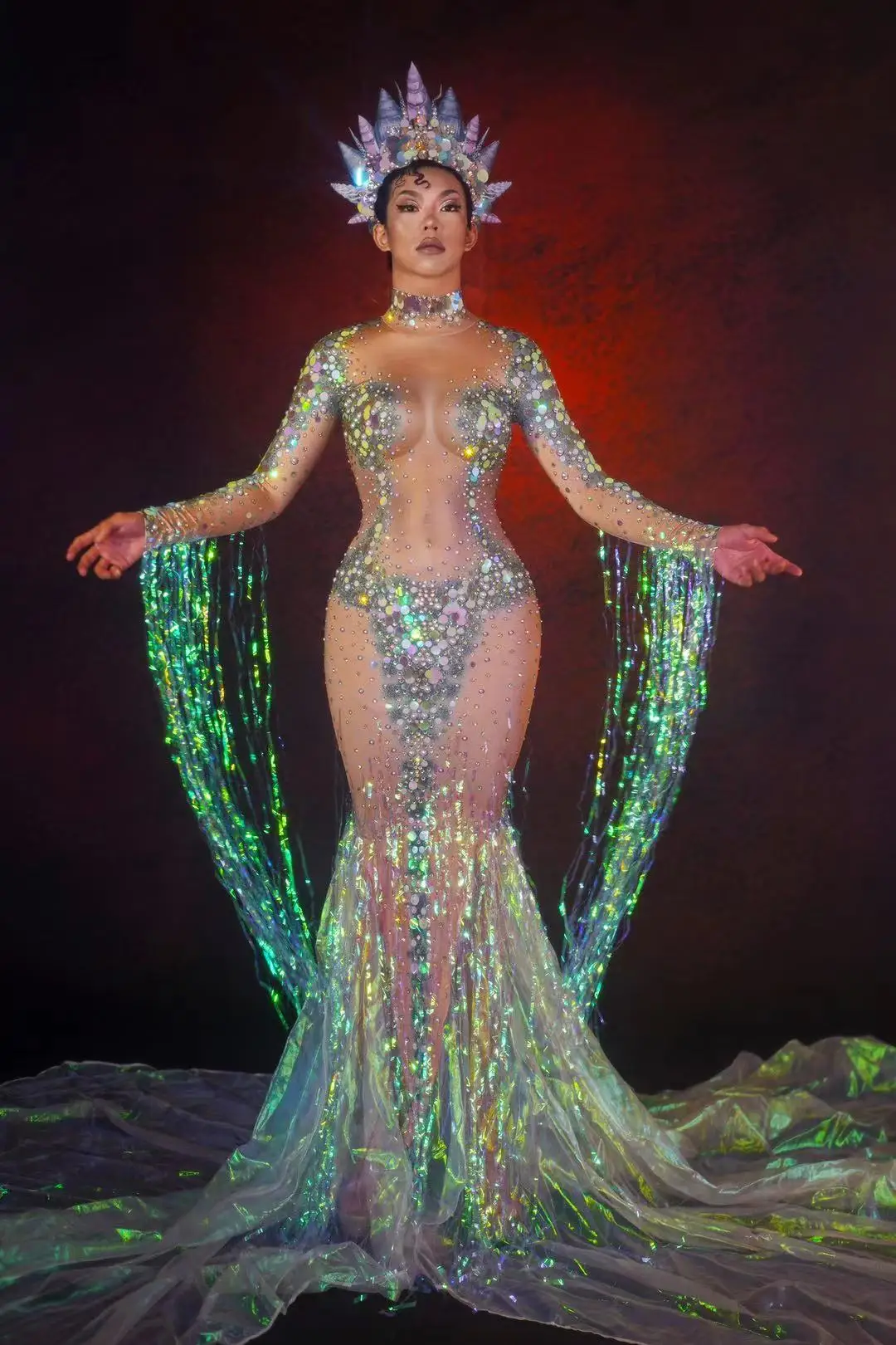 

Sparkly Crystal Mermaid Long Dress Evening Dress Rhinestone Sequins Party Women Stretch Nude Singer Stage Wear