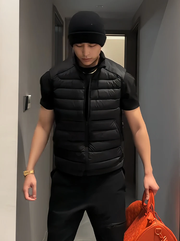 

Bla Lightweight Color Men's Vest Cotton Jaet Svel Stand Collar Faionable Urban Sle Ci Casual Wear