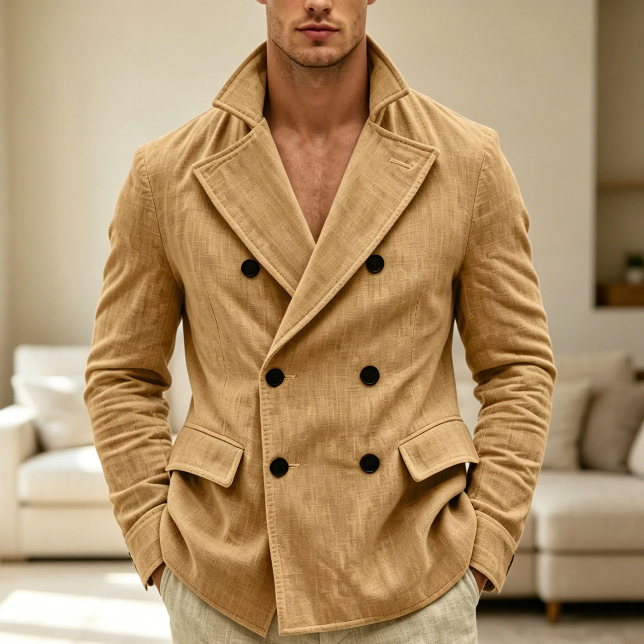 

Men's Khaki Linen Blazer Double Breasted Peaked Lapel Lightweight Breathable Soft Cool Casual Formal Sport Coat For Summer Beach