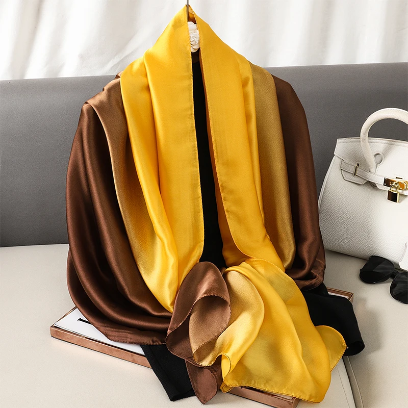 Luxus Farbverlauf Seiden schal Frauen Marke solide Femme Schals Wraps Bandana Kopf Foulard Mode Dame Hijab Hochzeit Poncho – Detail 6