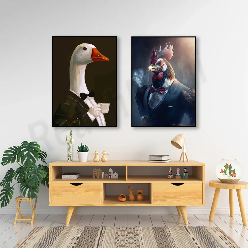 Duck drinking coffee, tuxedo rooster art, rustic chicken art, cute animal wall home decor poster, gift for animal lovers