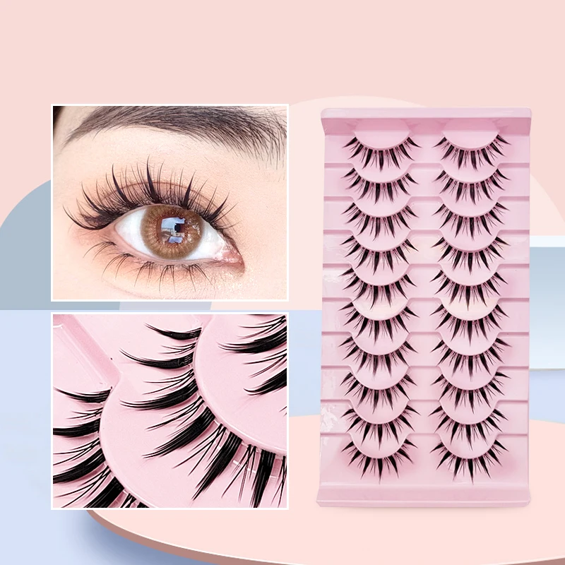 DINGSEN 10 Paar koreanische, dünne, natürliche Wimpern, Manga-Vollstreifen-Wimpern, Make-up für Frauen, Wimpern mit transparentem Band – Detail 4