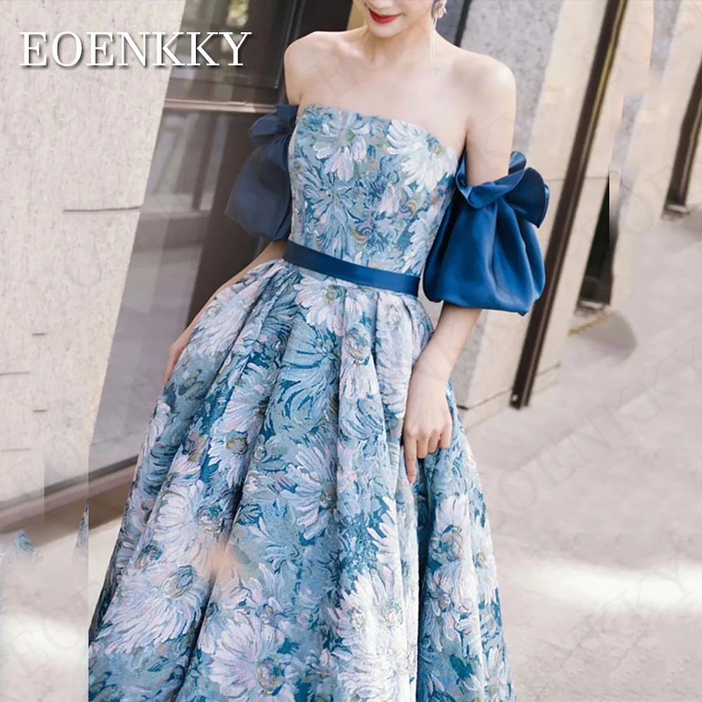 Luxe blauwe print Koreaanse Prom Dresses Removable Puff Sleeves Strapless A Line Evening Gowns Formal Occasion Floor Length