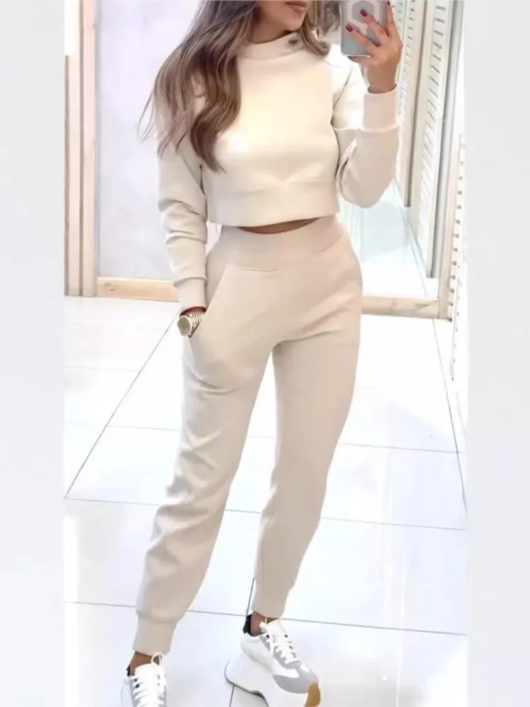 Autumn Winter High Neck Slim Fit Long Sleeve Short Women Solid Color Suit Elegant Fashion Pocket Petite Pants 2 Piece Set Female