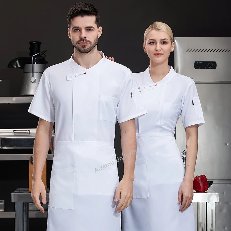 Delantal de uniforme de Chef de manga corta para hombre, pantalones cortos de Chef, chaqueta transpirable, abrigo de Chef para restaurante, cocina, ropa de trabajo negra con logotipo