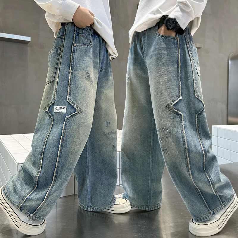 

Spring Fall Kids Child Stylish Loose Straight Jeans Pants for Teens Boy European American Style High Waist Cotton Denim Trousers