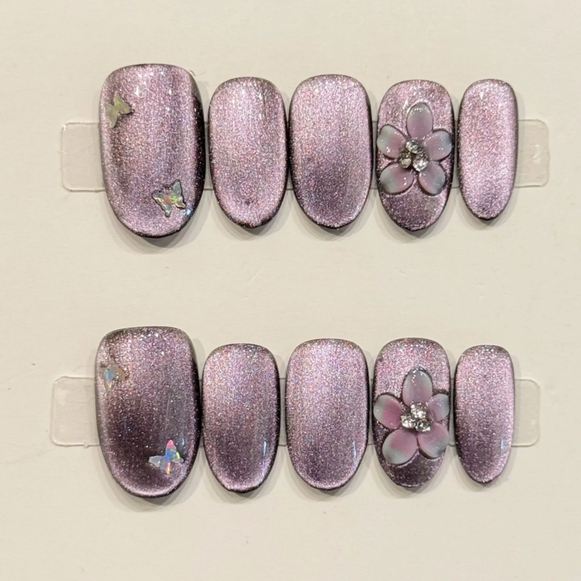 10개 수제 네일 팁 완성형 캣츠아이 짧은 타원형 인조 네일 아트 글리터 디자인 가짜 네일 세트 블루 캣츠아이 프레스온 네일