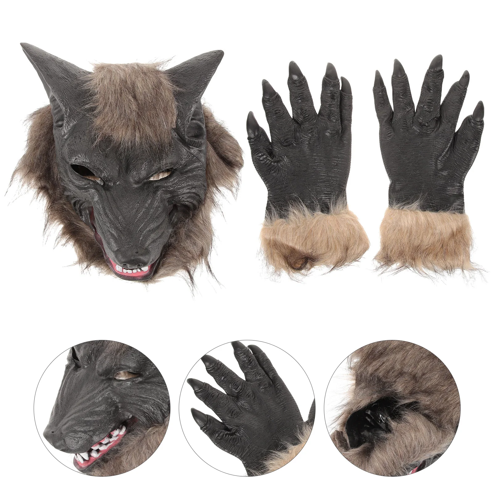 مجموعة واحدة من قناع رأس الذئب مادة اللاتكس أزياء الهالوين للحفلات بالذئب ملحقات تنكرية باللون الرمادي الداكن تتضمن قفازات باو للرجال #2