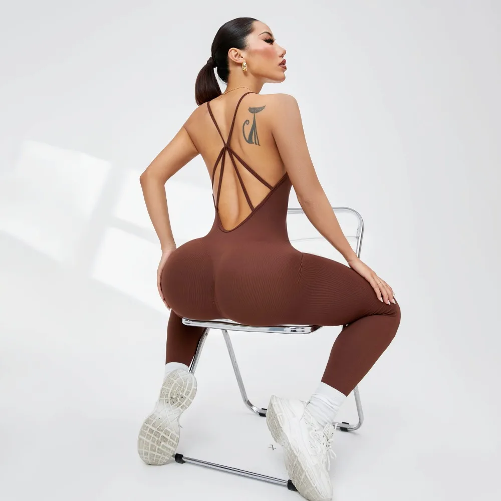 مثير قطعة واحدة ملابس اليوغا سريعة الجافة اللياقة البدنية ضيق لا وسادة الصدر الصليب جميلة الظهر السراويل الطويلة قطعة واحدة اللياقة البدنية البدلة