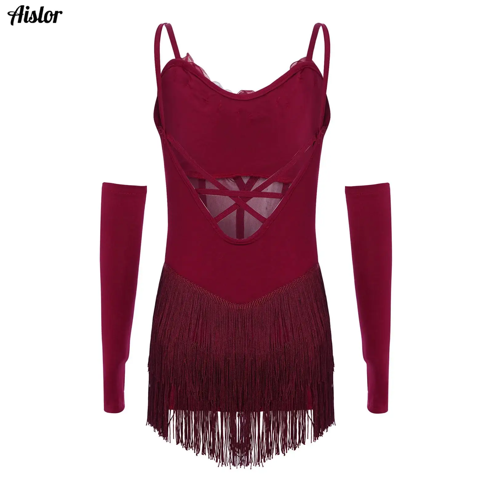 

Children's Latin Dance Costume Girls' Practice Competition Performance Dress with Gloves Set 3d Flowers Tassel Latin Dance Dress