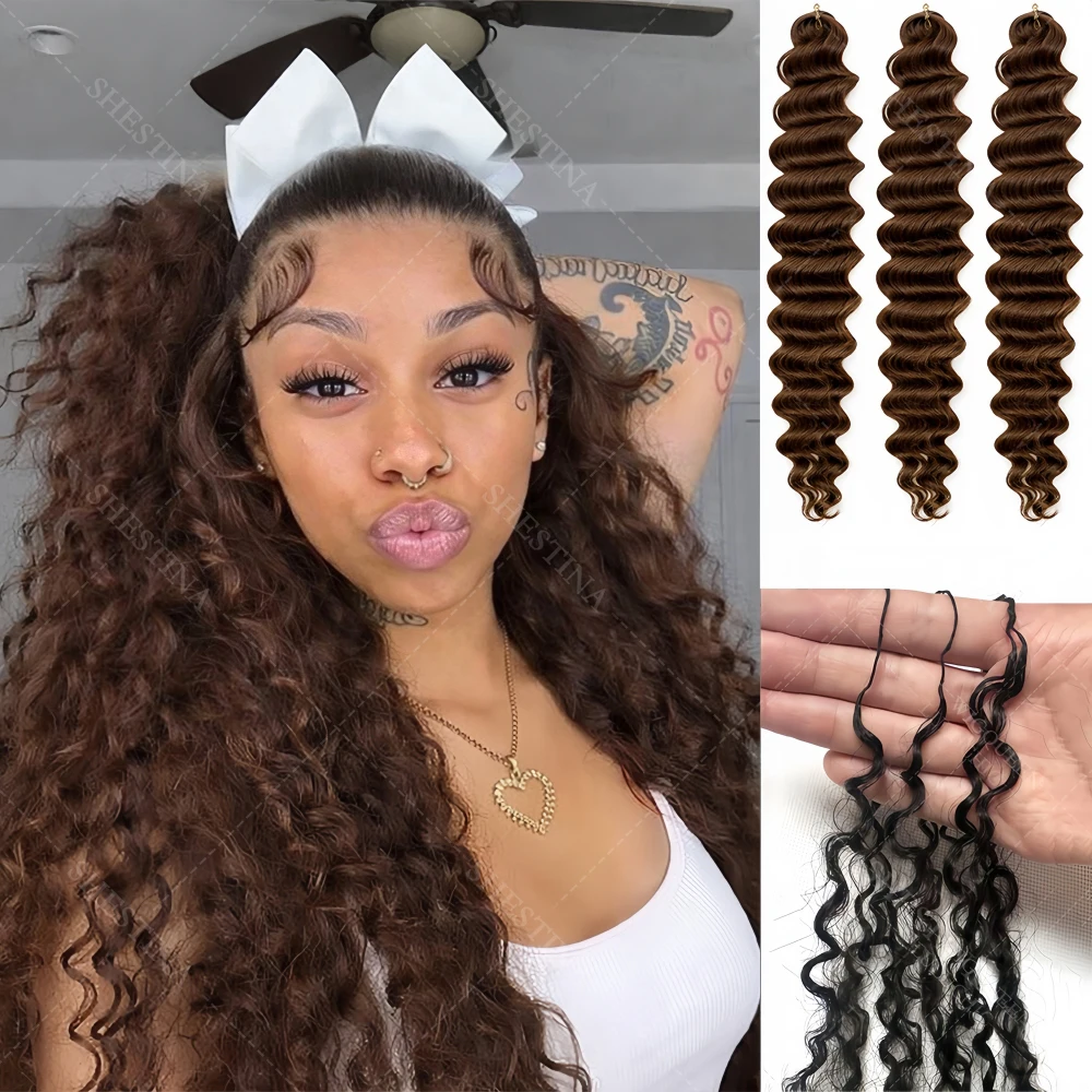 Pre-divided Water Wave Feather Crochet Hair Brown Highlight Deep Curl Human Hair Knotless Crochet Hair Extensions for Boho Braid