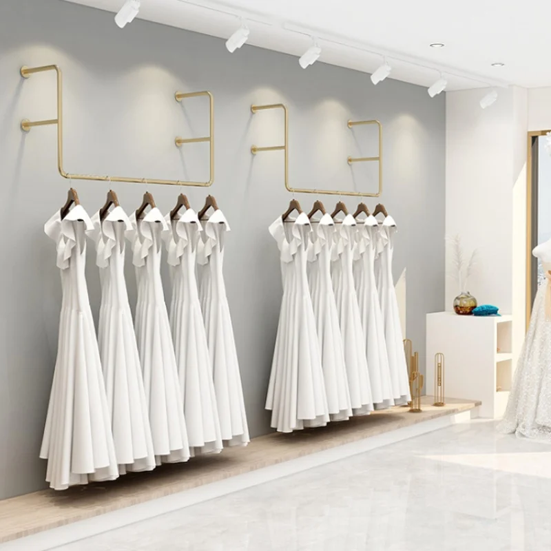 custom，Gold Wall Mounted Wedding Dress Display Rack for Bridal Store