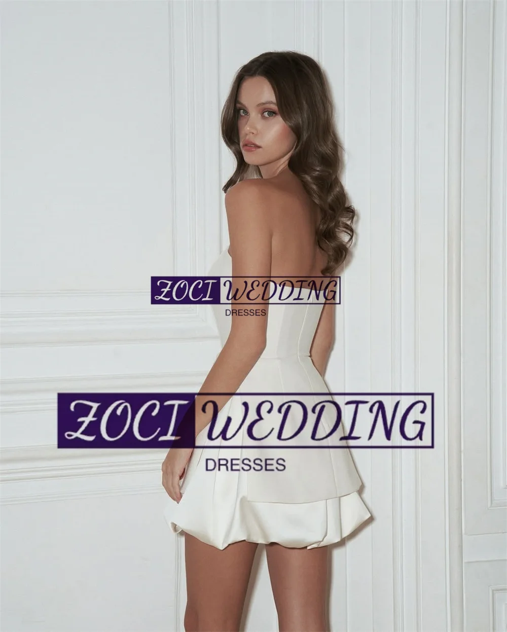 Zoci Chic Strapless Short Wedding Dresses Sleeveless Backless Draped Puffy Satin Bride Dress Customized Mini Wedding Party Gown