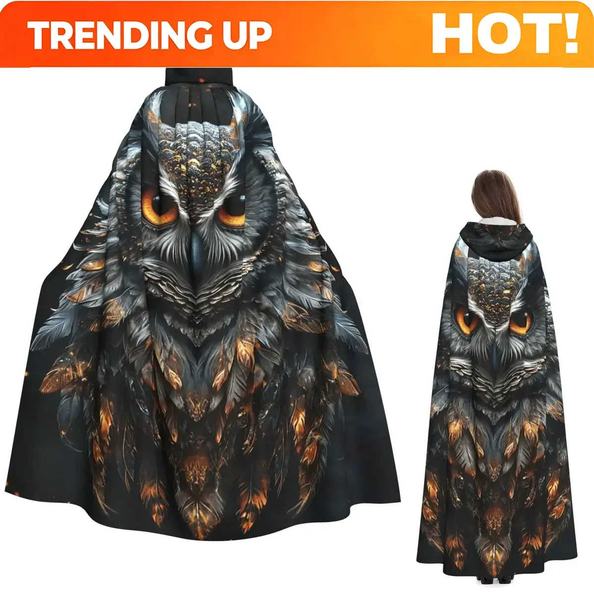 Customization Owl Portrait Long Hooded Cloak Witch Medieval Costume Cosplay Cape HalloweenParty Adult Unisex