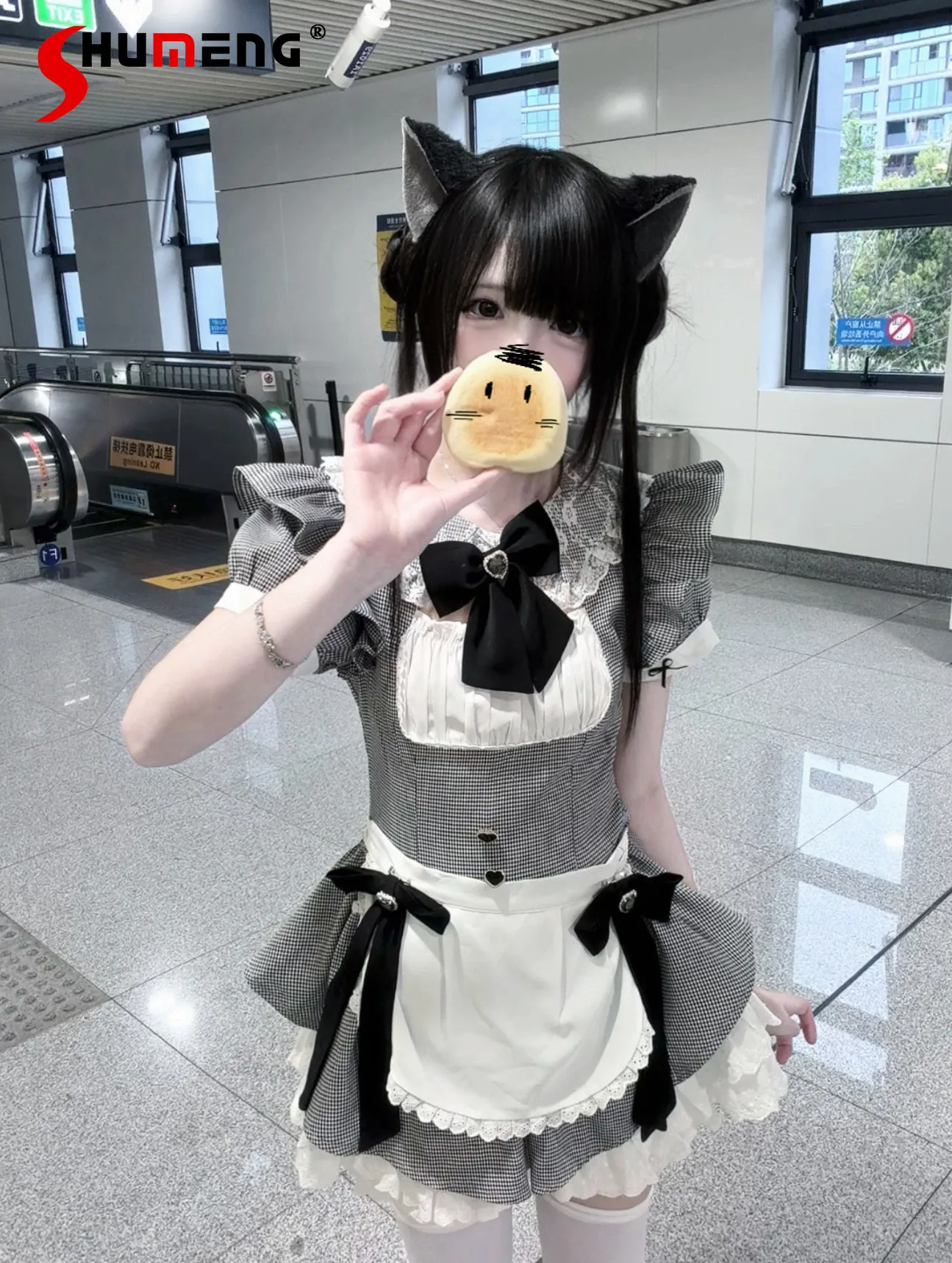 

Original Subculture Japanese Cute Girl's Maid Outfit Summer New Kawaii Dress Clothing Woman's Sweet Bow Lace Patchwork Lo Dress