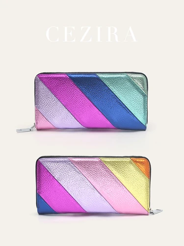 Imagen 2 del producto Cartera larga de cuero vegano PU metálico a la moda para mujer, cartera para teléfono de retales con rayas coloridas de lujo, bolso de mano con cremallera de gran capacidad