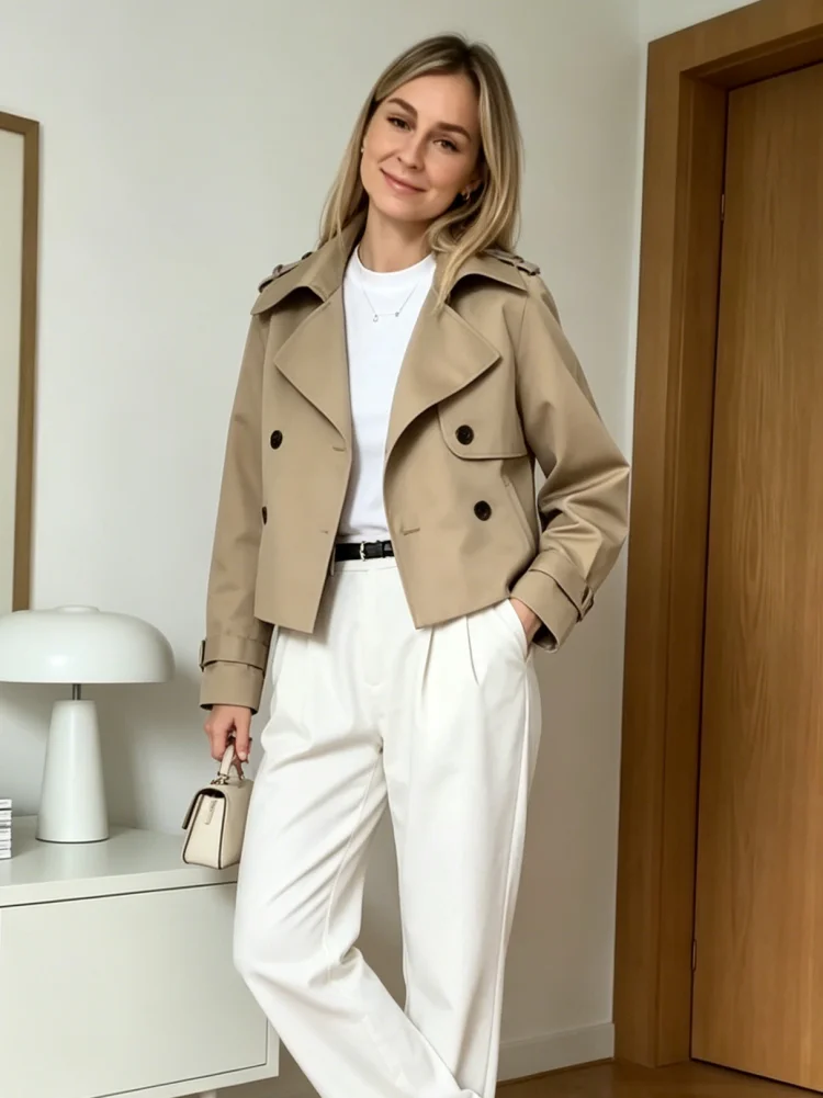 Vintage Khaki Short Women Trench Coat 2026 Autumn New Casual Double Breasted Loose Jacket Ladies Elegant Outwear Streetwear