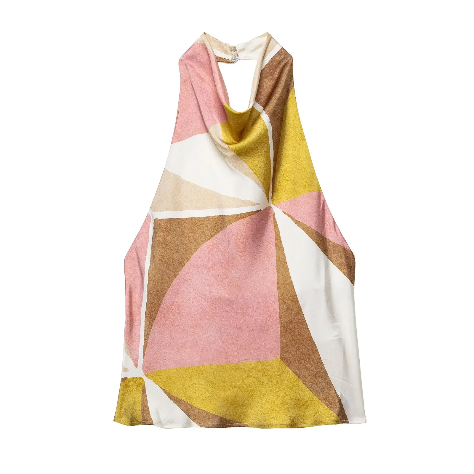 Zevity 2025 Women Chic Geometric Print Halter Camis Tank Lady Backless Casual Slim Shirt Summer Beach Wear Blouse Tops LS9173