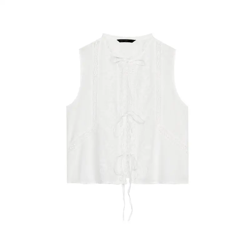 قميص نسائي جديد للربيع بياقة مستديرة وتطريز بدون أكمام مع زخرفة عقدة الفراشة مصنوع من ألياف البوليستر 00٪ بطول عادي