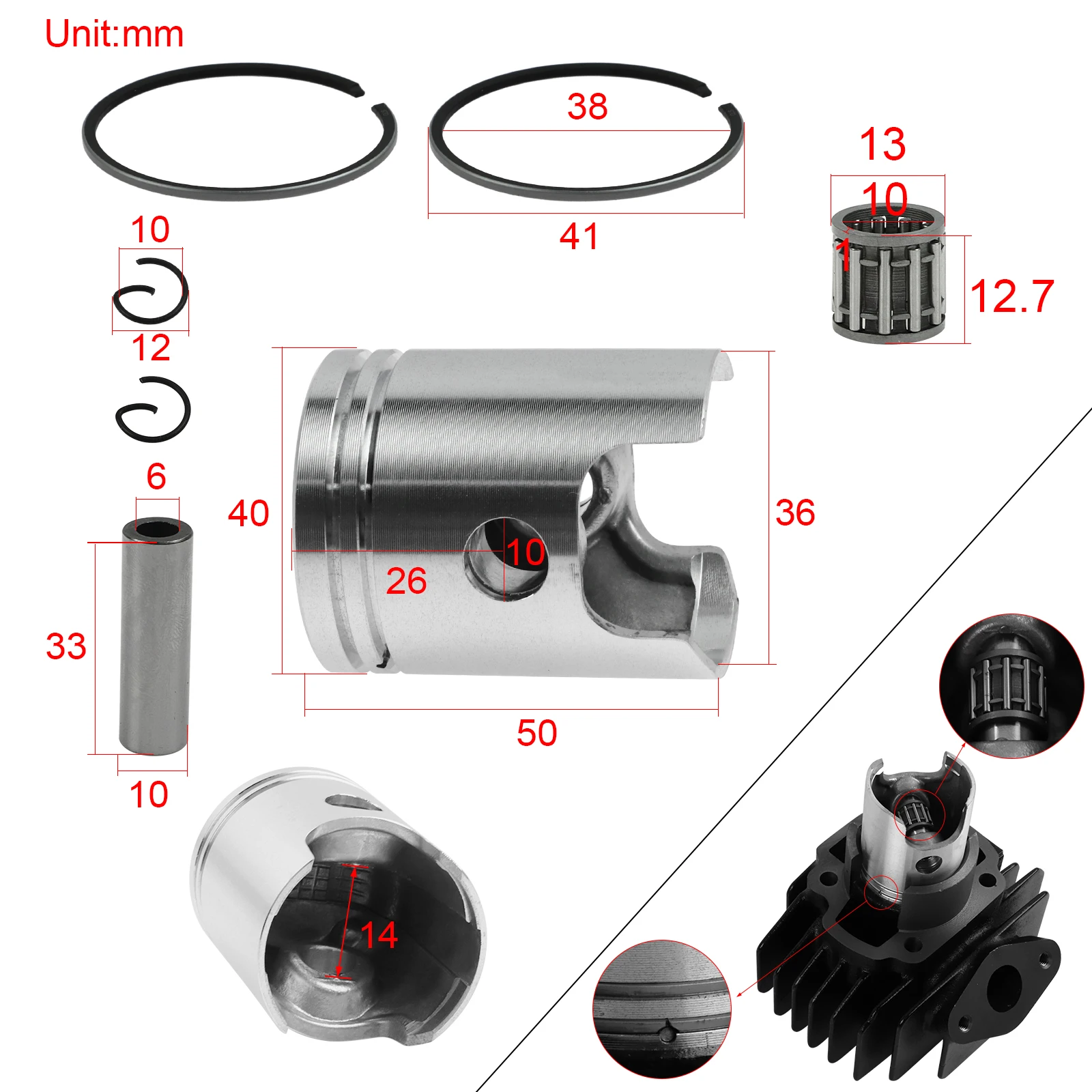 40mm Piston Ring Kit Gasket Wrist Pin Bearing Set for Yamaha PW50 PW 50 Y-Zinger Dirt Bike
