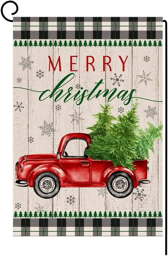 Buffalo Christmas Garden Flag 12x18 Vertical Double Sided Farm Truck with Trees Winter Holiday Outside Decorations Burlap Ya SSL