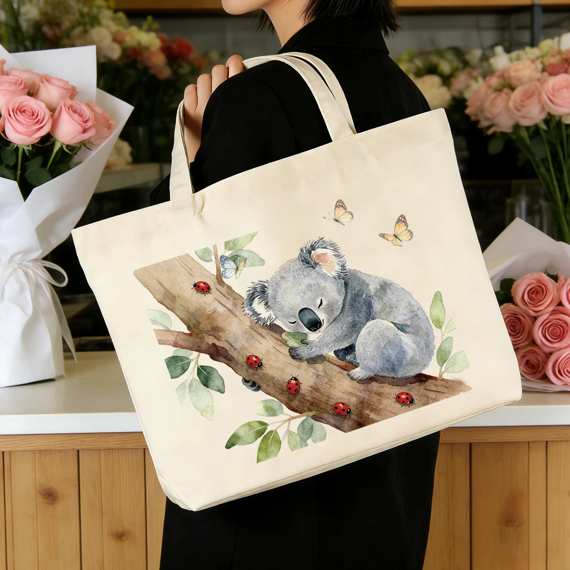 1Pc Koala Element Canvas Bag Simple Large Capacity Single Shoulder Canvas Bag Handheld Eco friendly Sail Bag