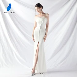 DEERVEADO Sexy Slit Soft Satin Evening Dress for Woman Bodycon Mermaid Formal Occasion Dress with Feathers Prom Party Dresses