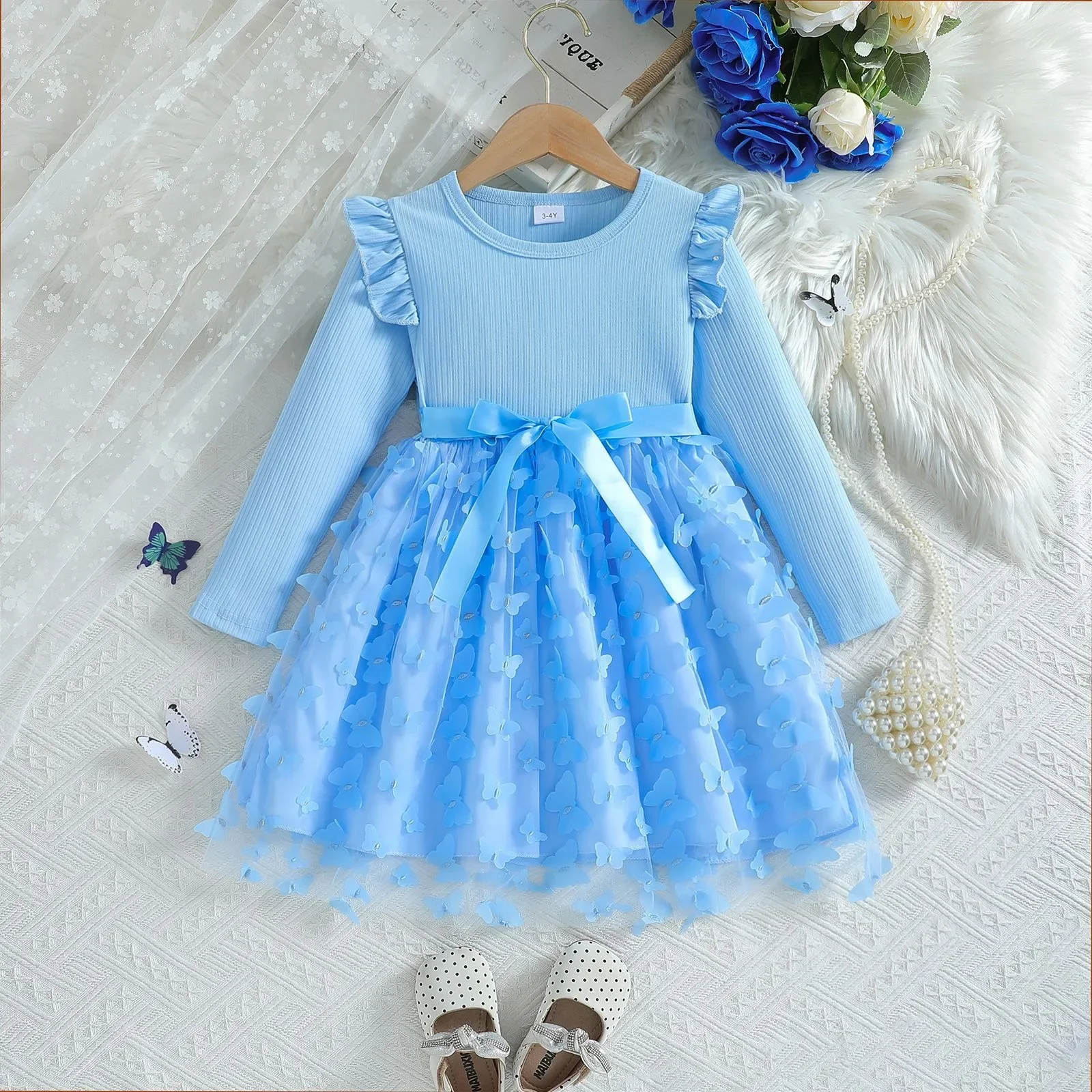 2025 New Girls Dress Blue Autumn TuTu Princess Dress Kids Clothes Birthday Party Dress Black Long-sleeved for Children Fashion