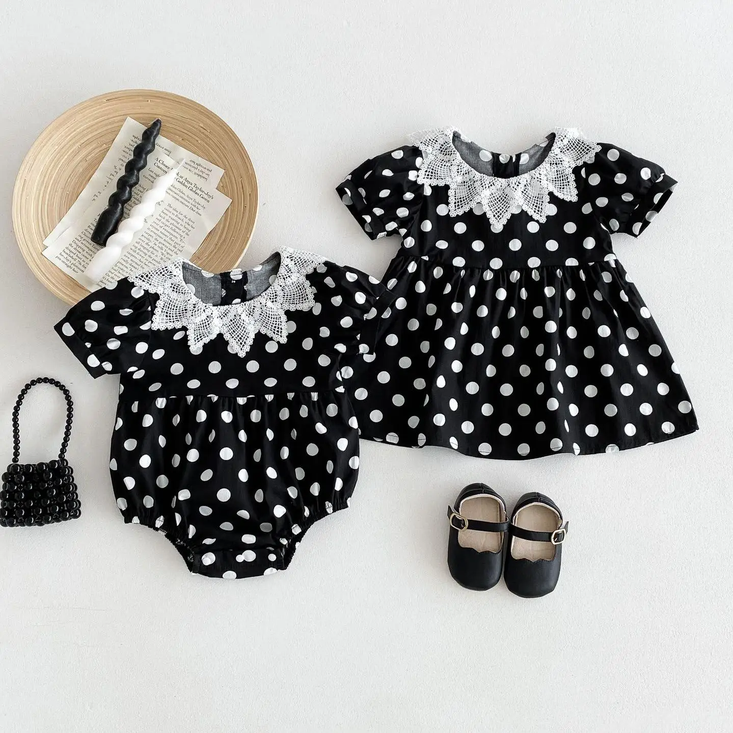 

Summer Ins Fashion Sister Outfits Girl Baby Dots Thin Puff Sleeves Casual Dress Girls Infant Cotton Looes Bodysuit Baby Clothes