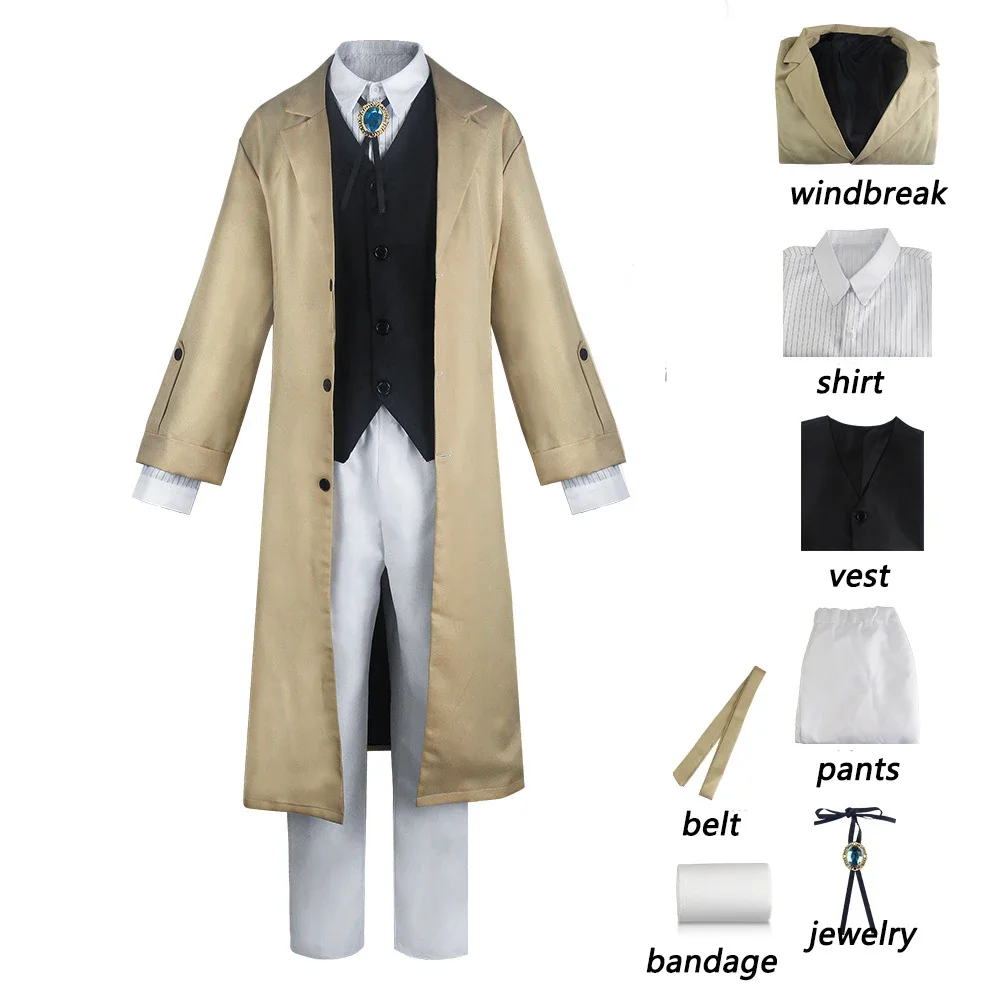 Dazai Osamu Cosplay Costume Anime Bungo Stray Dogs Osamu Dazai Cosplay Long Jacket Wig Windbreaker Halloween Costumes for Men