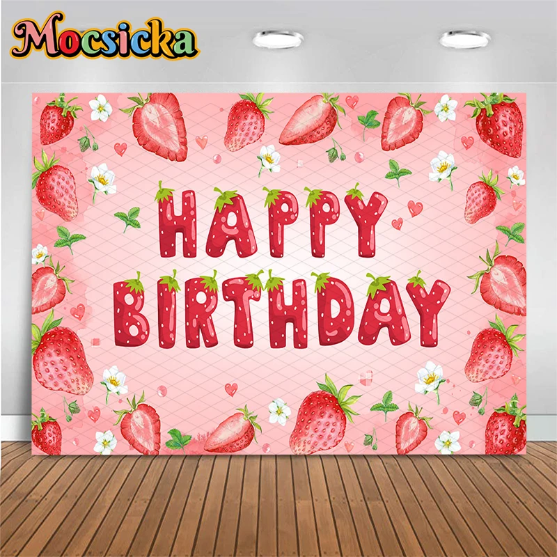 Mocsicka Strawberry Happy Birthday Photography Backdrop Pink Watercolor Decors Background Cloth Girls Party Photo Booth Tapestry