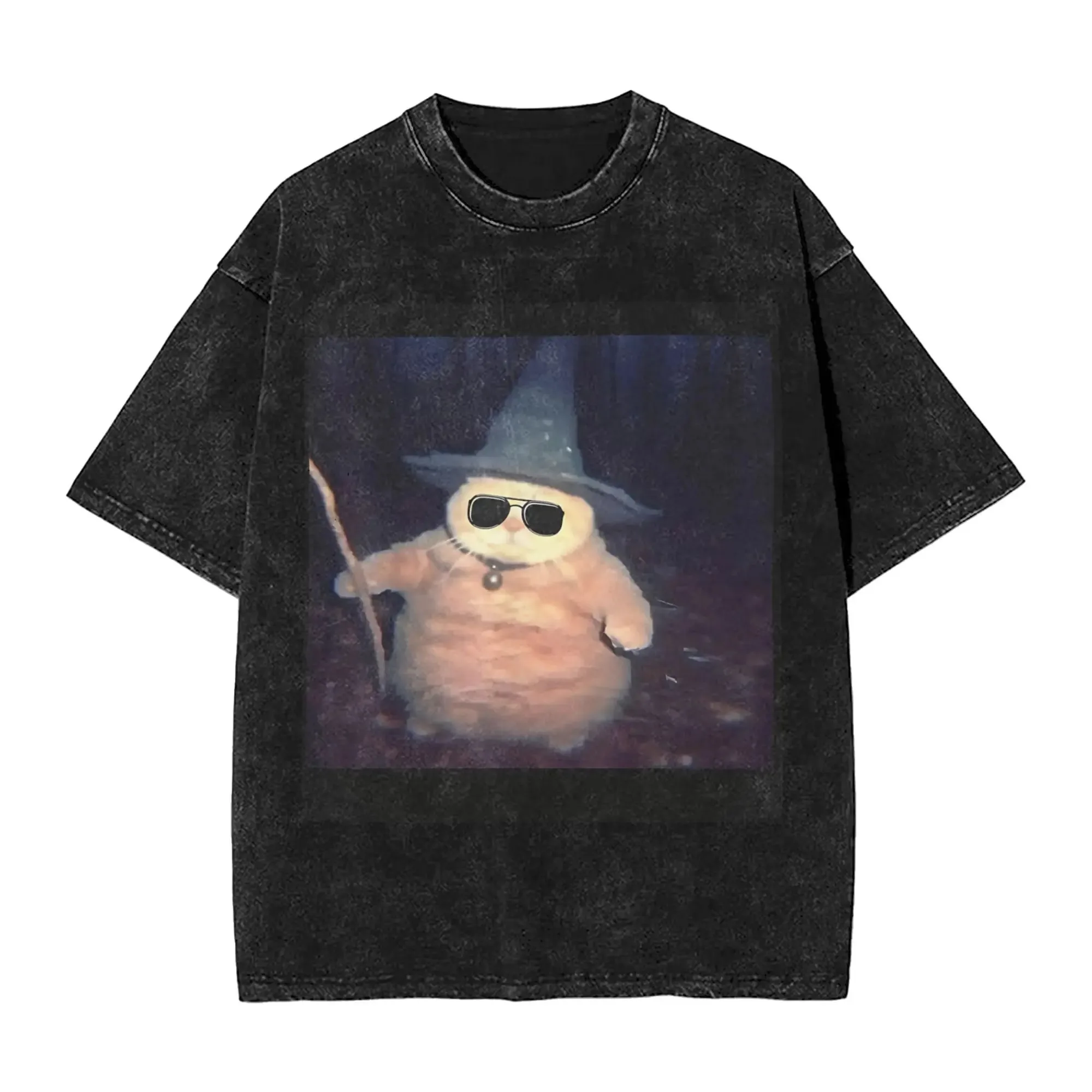 Vintage Washed Wizard Cat Meme T-Shirt Lustiges Retro-Grafik-T-Shirt Übergroßes Streetwear Harajuku Y2K Top für Männer Frauen Sommer T-Shirt – Detail 4