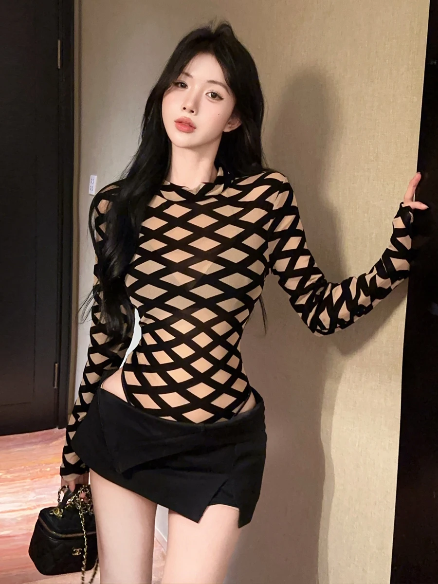 Retro Mesh See-through Long Sleeve Onesie Sexy Spicy Black Short Pants Low Waist Slim Fit Top Polyester Non-deformable Slight...