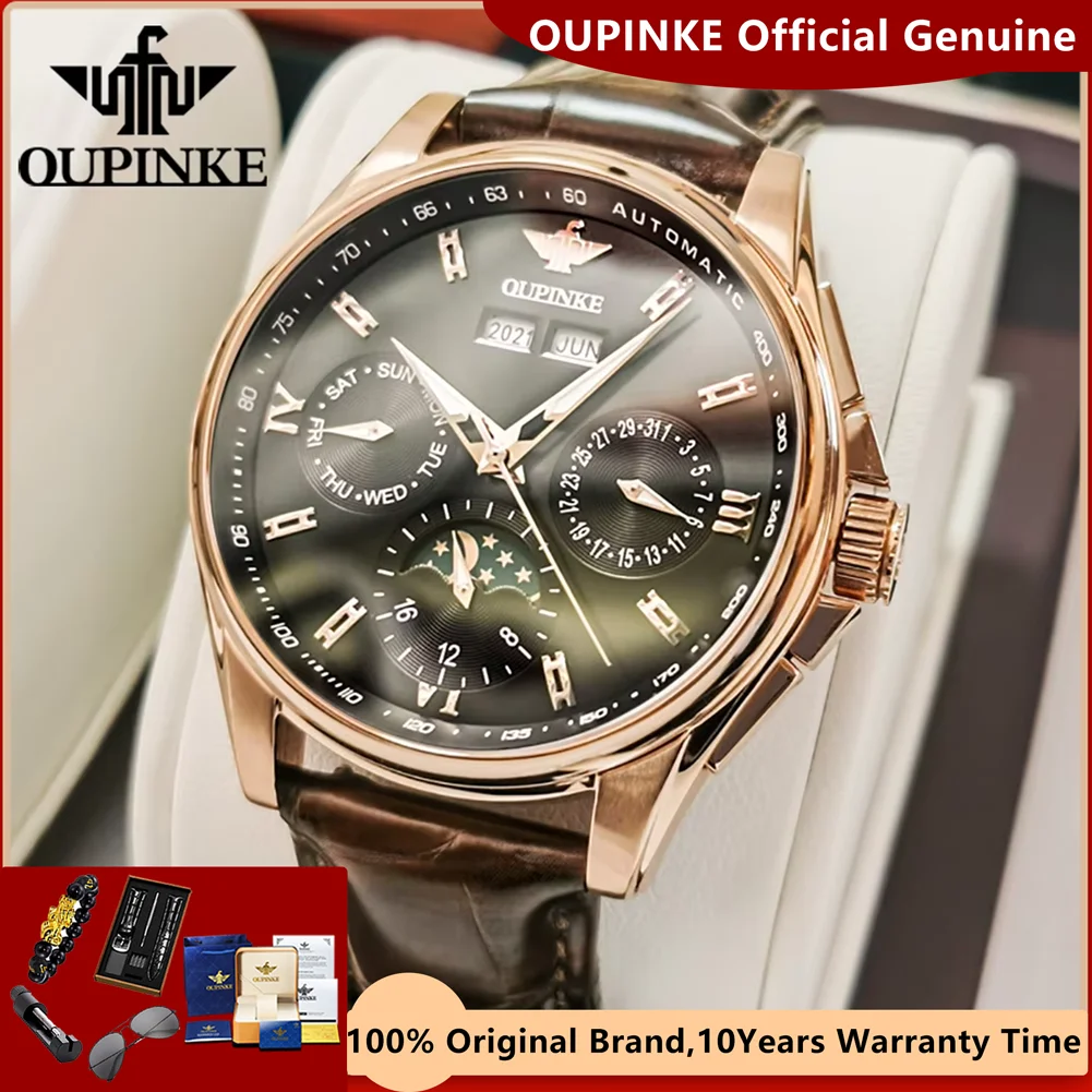 OUPINKE 3189 Automatic Mechanical Watches for Men Dual Calendar Moon Phase Wristwatch Waterproof Men\'s Watch Relogio Masculino