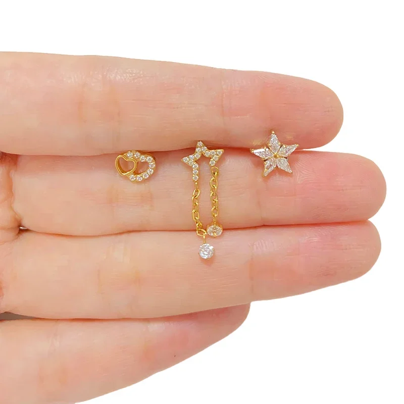 G23 Titanium EAR PIERC Pentagram and Heart Chain Pendant Ear Studs with Zircon Top Tragus Earring Ear Helix Piercing Jewelr