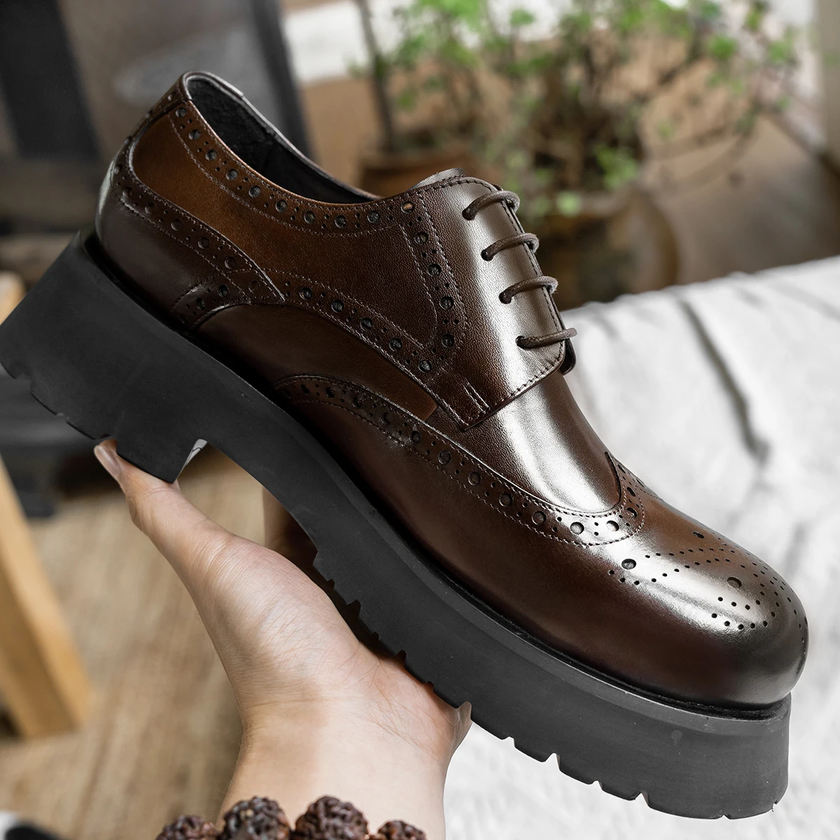 Hanmce Fashion Business Casual British Style Breathable Handmade Male Thick Platform Genuine Leather Wedding Derby Shoes For Men