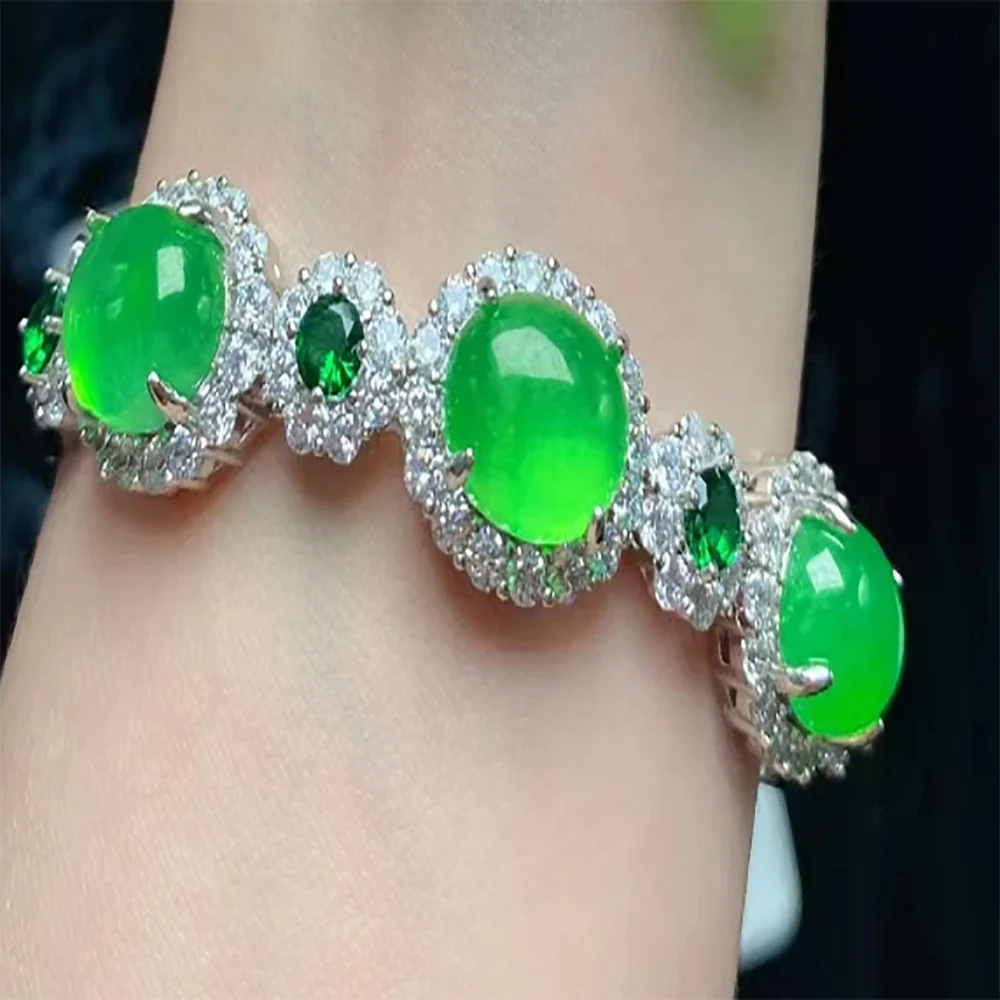 

Quality High Ice Natural Emerald Bracelet hand-carved 925 sterling silver green Perfect Handring Ladys Women Fine Jewelry