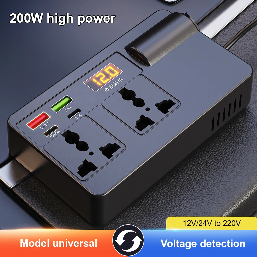 200W Power Adapter Universal DC 12V/24V to AC 220V Converter Car Inverter Voltage Detection USB/PD/Type-C Chargers ON/OFF Switch