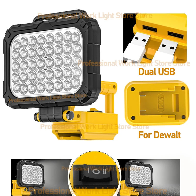 Cordless LED Work Light for Dewalt 20V Battery, 120W 7000 Lumens Hood Flashlight tool gift With USB Charging Port For Workshops