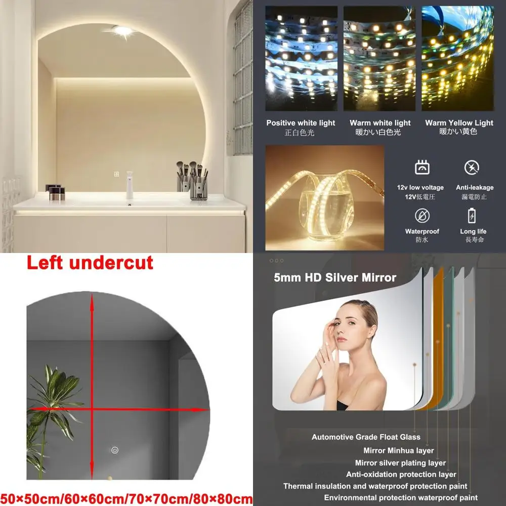 Espelho de banheiro LED semicírculo montado na parede com design de vaidade sem moldura e tecnologia Smart Touch, com luz de três cores