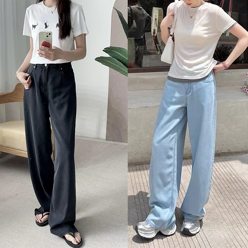 

Летние ультратонкие широкие джинсы для женщин, бренд Selfwill, весна-лето, с высокой талией, длинные брюки из шелковой смеси, модель Bend Knif