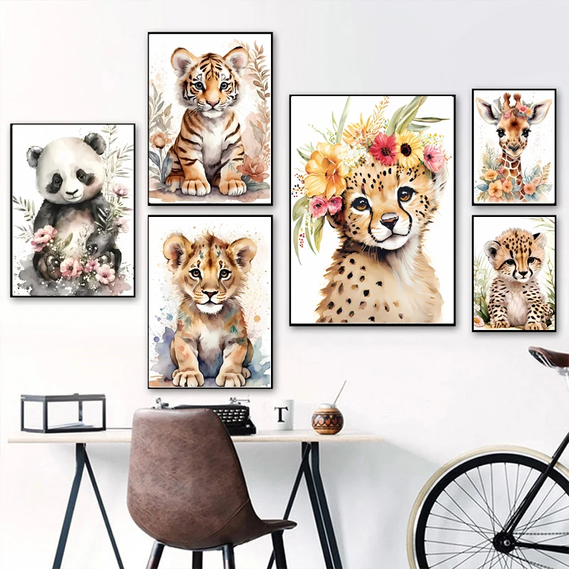 

Panda Lion Giraffe Deer Tiger Leopard Rabbit Nursery Wall Art Canvas Painting Jungle Animals Posters Prints Baby Kids Room Decor