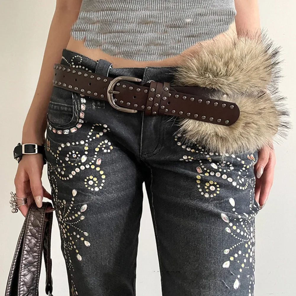 

Simple Rivet Leather Fur Belt Western Style Punk Y2K Waistband Retro Versatile Plush Belt Women