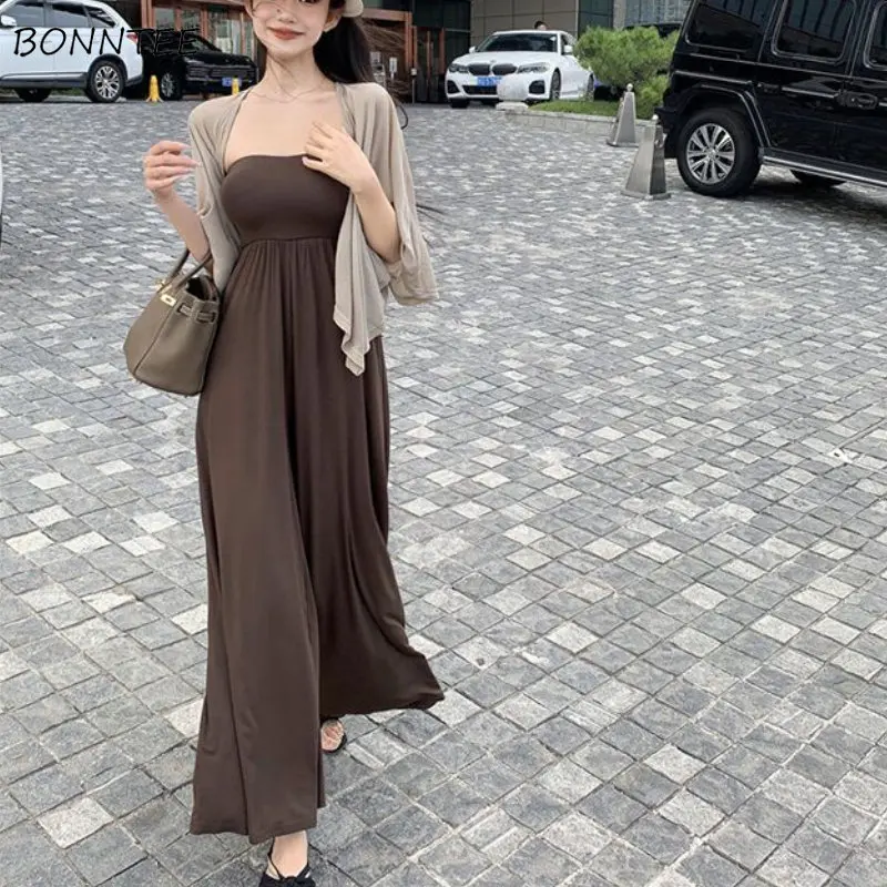 Jumpsuits Women Coffee Summer New Wide Leg Trousers Strapless Loose Solid All-match Elasticity Clothing Aesthetic Daily Vintage