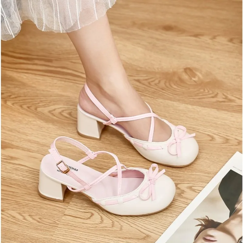 Summer New High Heels Bow Women's Sandals Casual Shallow Mouth Shoe Fashion Elegant Ladies Mary Jane Shoes Zapatillas Mujer