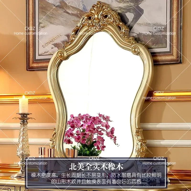 Solid Wood Dresser with Mirror Champagne Gold Engraved Makeup Table Vanity Set for Bedroom Princess Style American Villa