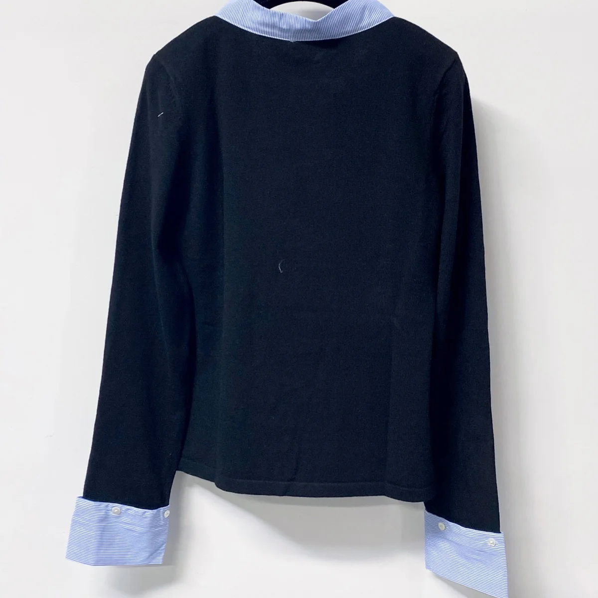 High Quality Women Tie Neck Knit Top Striped Contrast Collar Cuff Long Sleeve Fitted Fake Two Piece Sweater lyt2672311 view 2