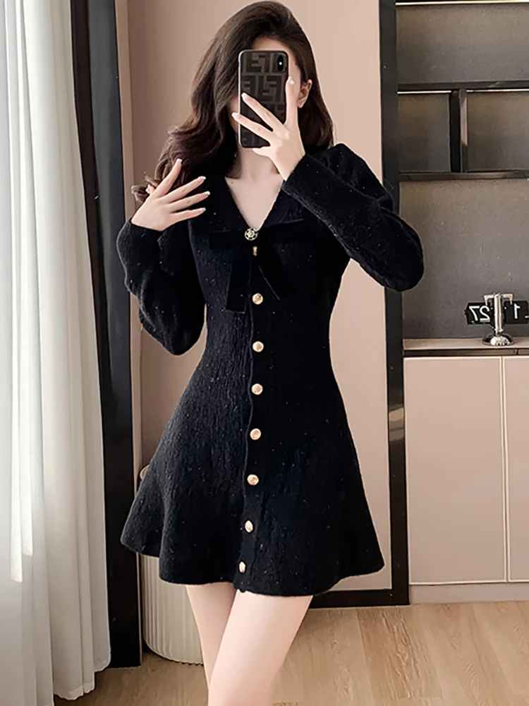 Autumn Winter Red Knitted Bow V-Neck Mini Dress Wommen Elegant Bodycon A-Line Seater Dress 2024 Korean Fashion Chic Party Dress