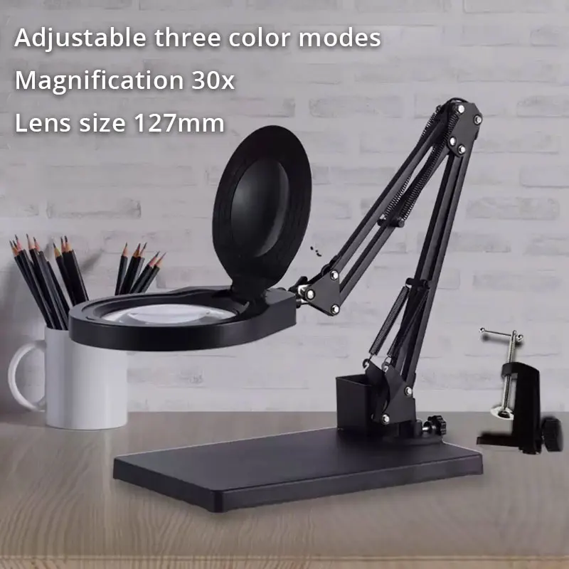 80LED 30X/40X Desktop Clip-type Magnifying Glass Illuminated Magnifier 3 Colors LED Loup for Reading/Repair/Table Lamp/Beauty